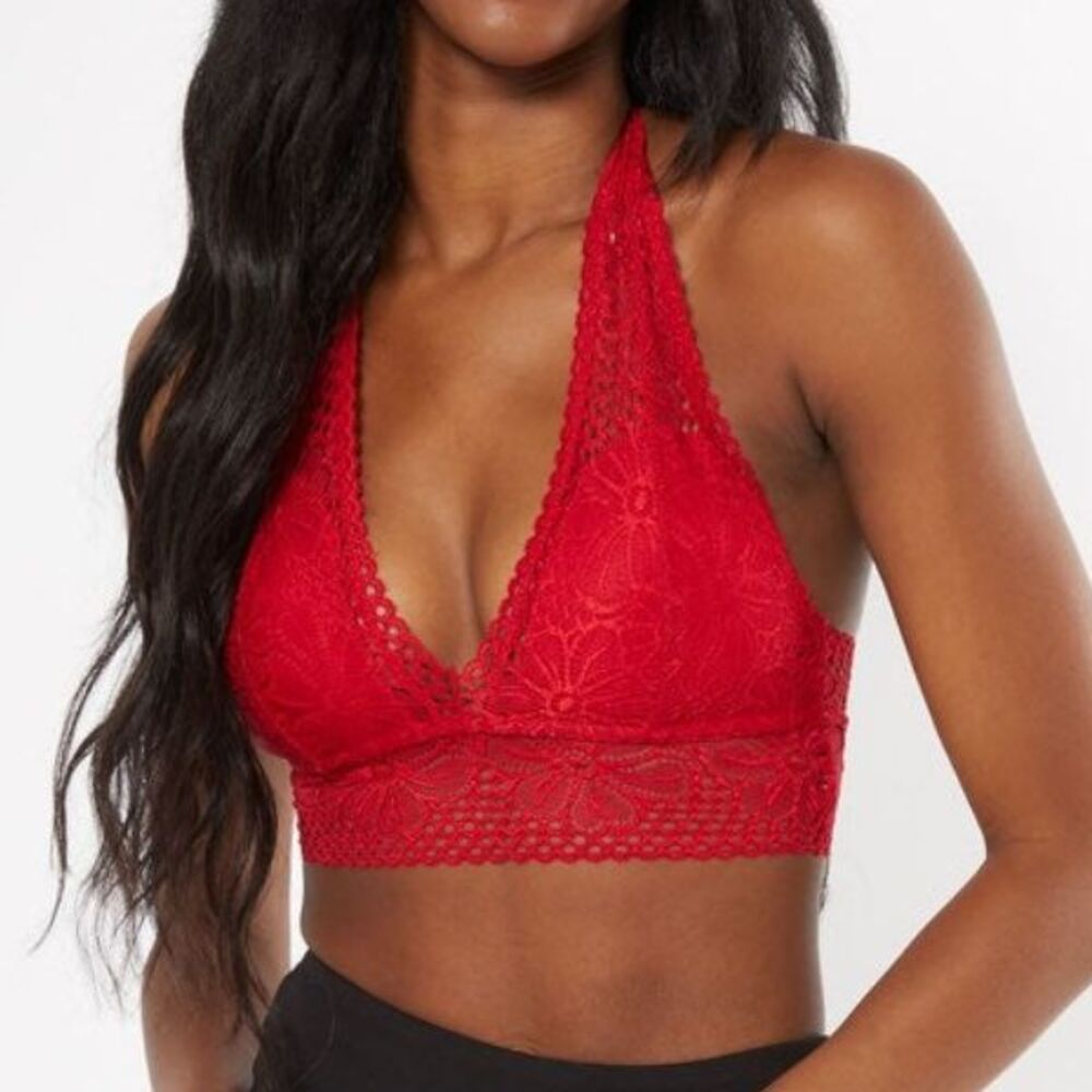 True Rue21 Lace Bralette Padded Red Halter Neck No Wire Sexy Floral Pattern